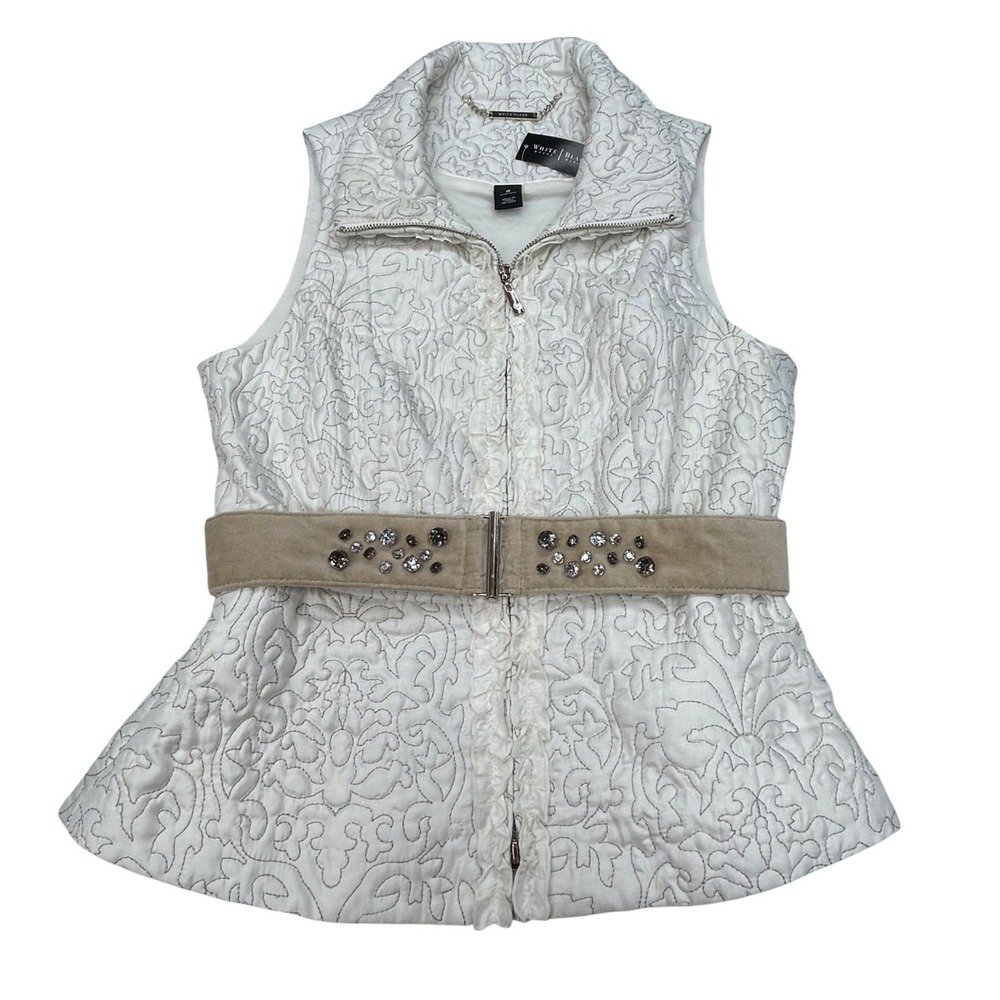 White House Black Market Quilted Vest Small Ivory Embroidered Bling Belt NWT - Picture 1 of 12